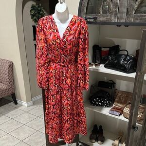 Pinch Red Long Sleeve Wrap Dress with V-Neck